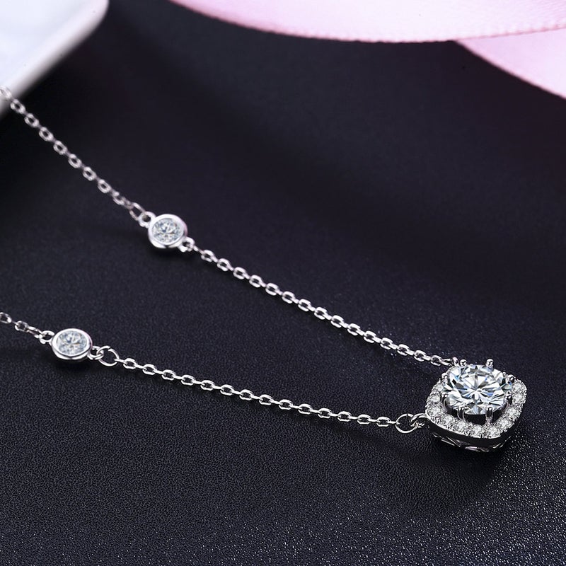 SBLING Platinum Plated Cubic Zirconia Cushion Shape Halo Pendant Necklace - Image 3